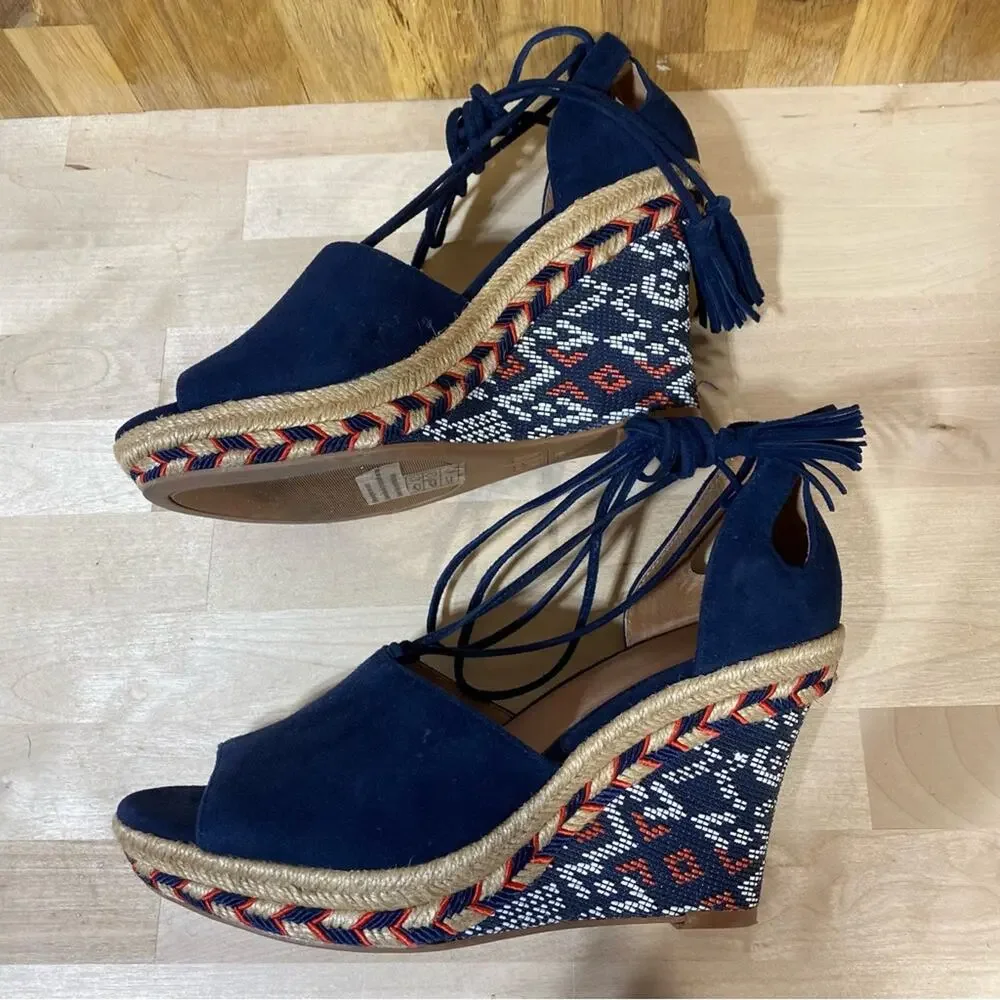 Cabi Isla Espadrille Wedge Sandals Ankle Wrap Navy Suede 6